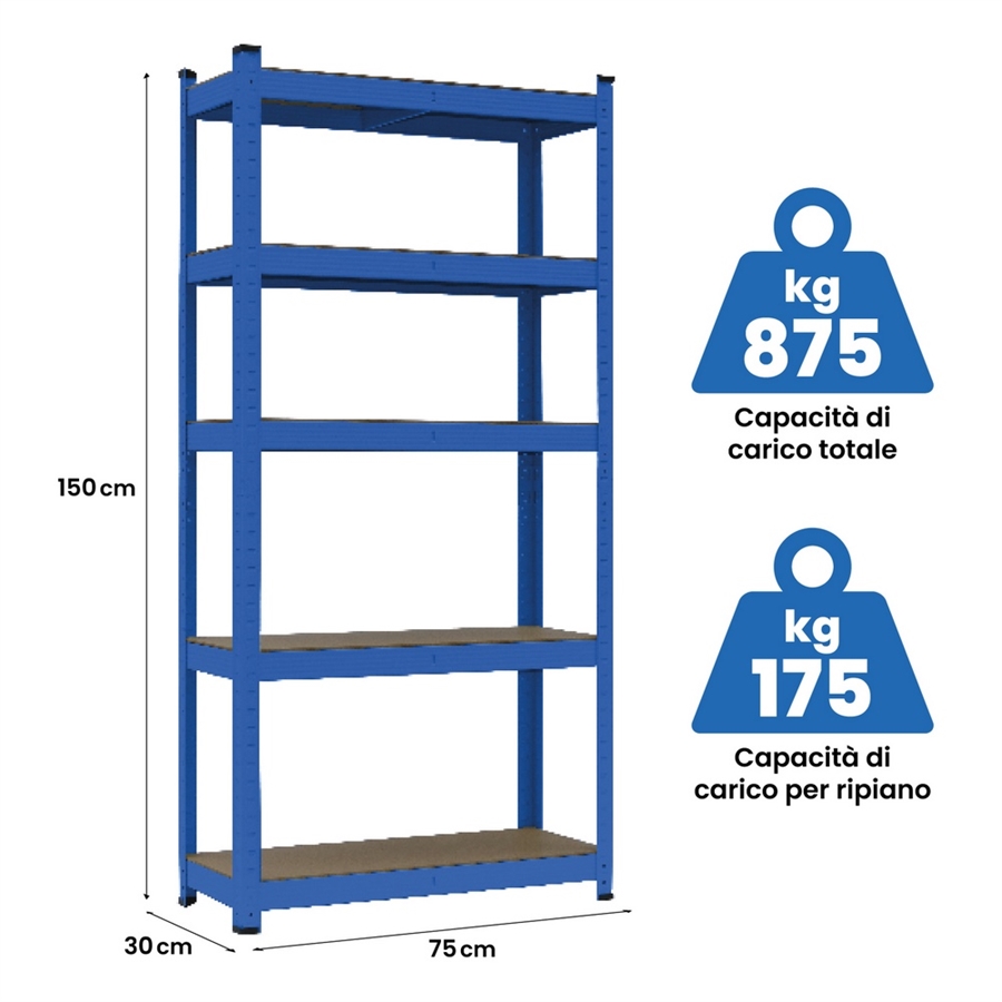 VETALLO Scaffale A 5 Ripiani Con Ruote 75x35x158 Cm – Acciaio Regolabile, Carico Max 45 Kg/ripiano