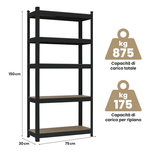 Scaffali metallici neri 150x75x30 cm Set da 2 pz