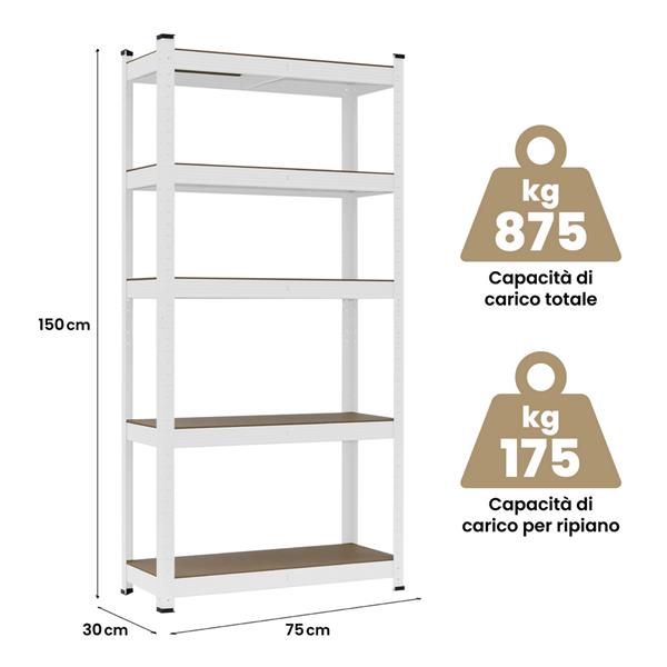 Scaffali metallici 150x75x30 cm bianchi 5 ripiani
