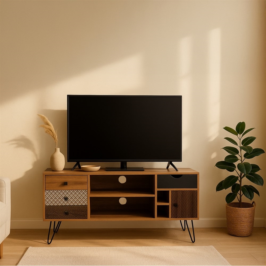 Mobile TV decorazione rovere con 2 ante e scomparto centrale L120 cm - JILL