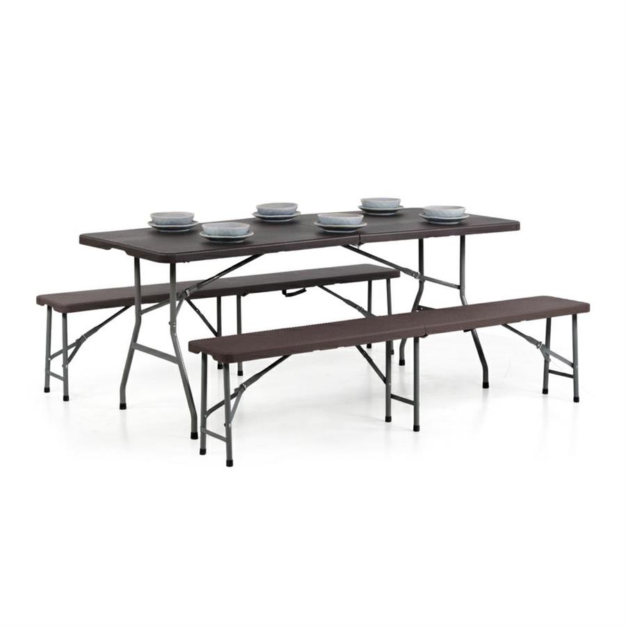 Set birreria con tavolo e 2 panche richiudibili hdpe effetto rattan