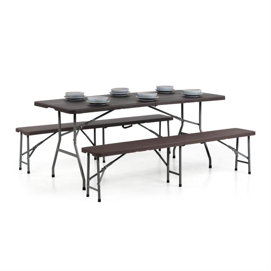 Set birreria con tavolo e 2 panche richiudibili hdpe effetto rattan