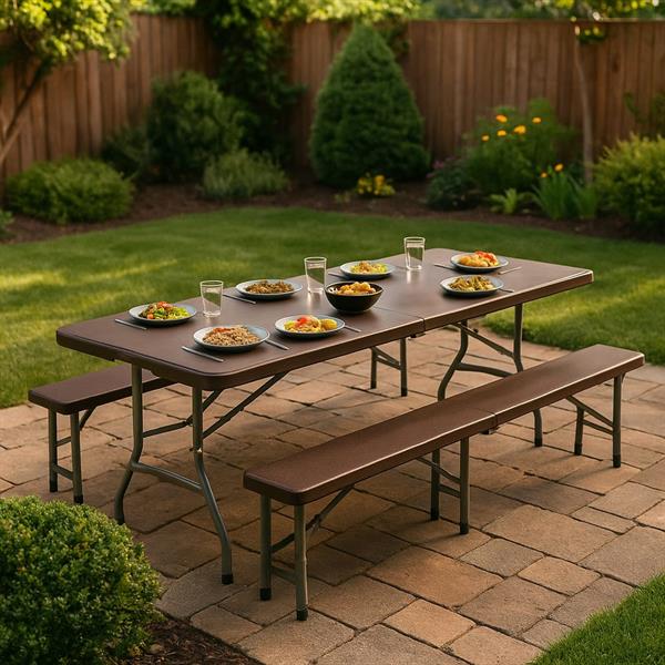 Set birreria con tavolo e 2 panche richiudibili hdpe effetto rattan