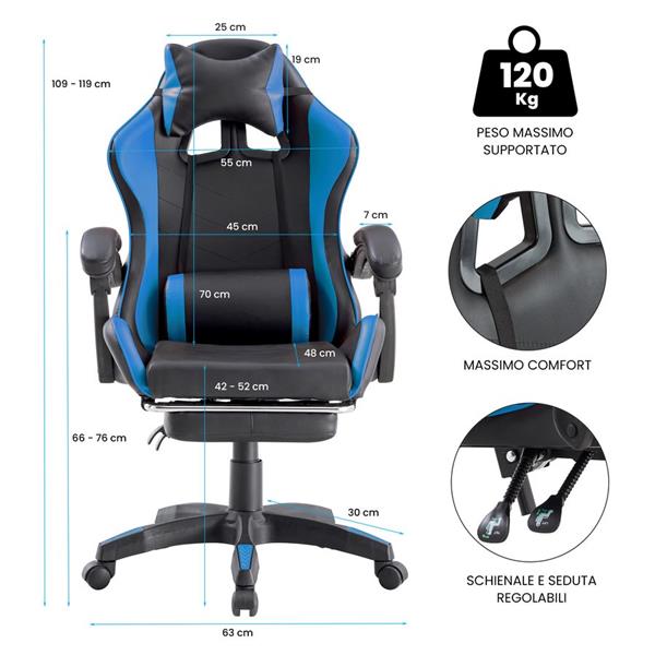 Poltrona sedia gaming blu e nera ergonomica con schienale reclinabile