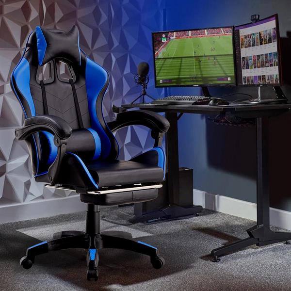 Poltrona sedia gaming blu e nera ergonomica con schienale reclinabile