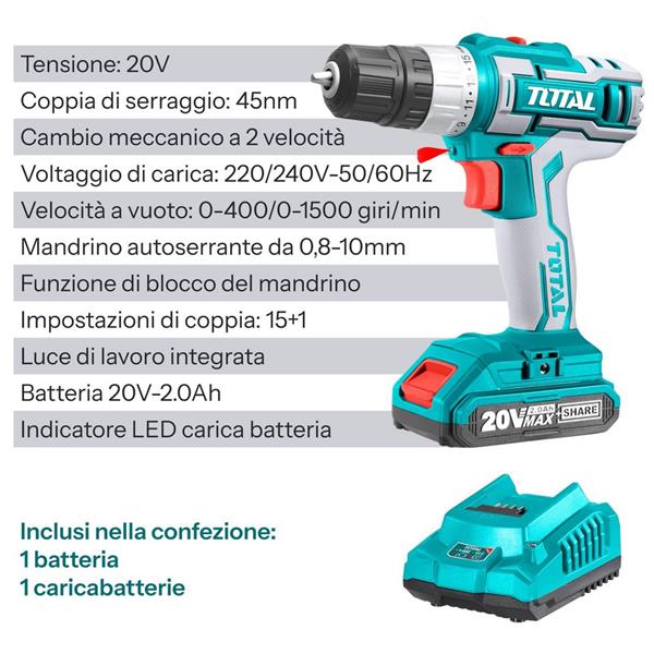 Trapano avvitatore a batteria 20V 45 nm - one battery industrial