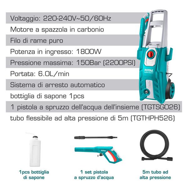 Idropulitrice da 1800W e 150 bar con accessori