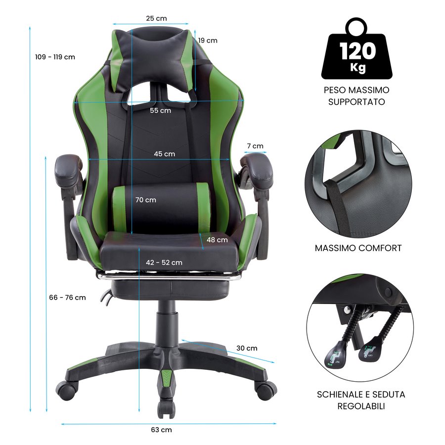 Il numero 1 del risparmio-SEDIA DA GAMING SEDIA UFFICIO ERGONOMICA CON  ROTELLE IN ECOPELLE NERO E VERDE