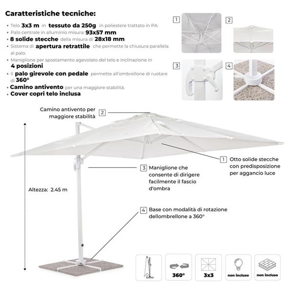 Ombrellone da giardino Roma 3x3 braccio laterale