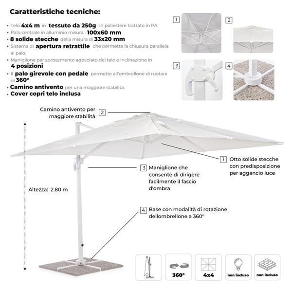 Ombrellone grande da giardino 4x4 Bianco modello Roma