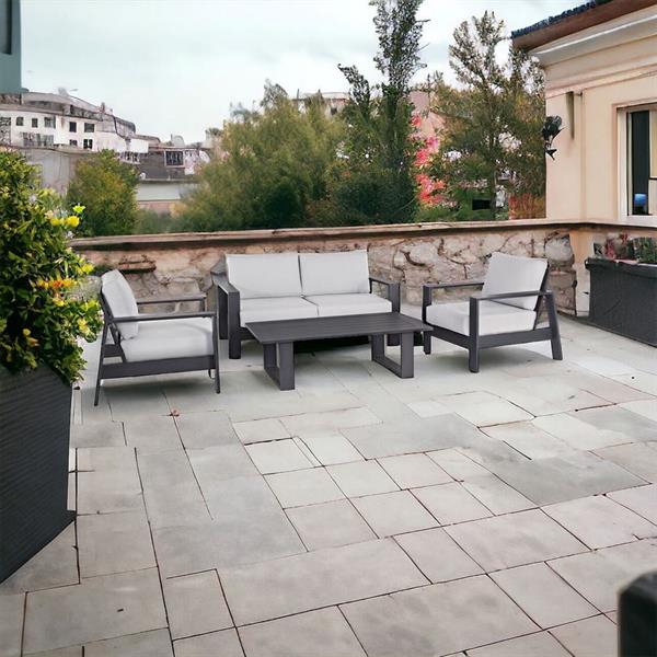 Salotto da giardino Bars con poltrone, divanetto e tavolino da esterno in alluminio grigio