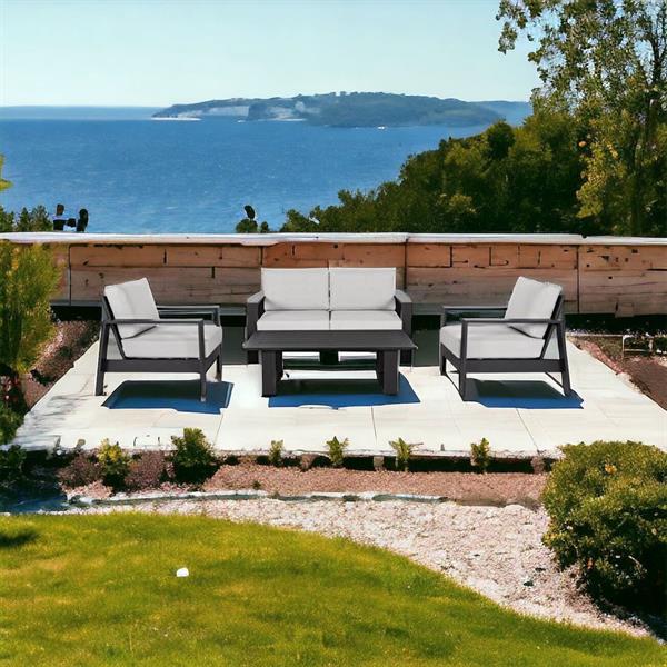 Salotto da giardino Bars con poltrone, divanetto e tavolino da esterno in alluminio grigio