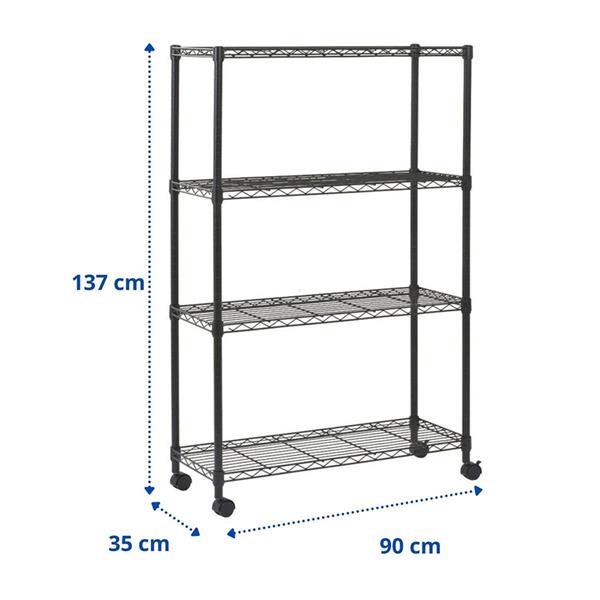 Scaffale acciaio cromato con ruote 4 ripiani 90x35x137 cm