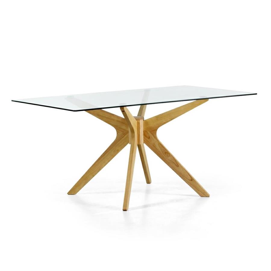 Tavolo da sala con top in vetro e gambe in legno incrociate - Candice