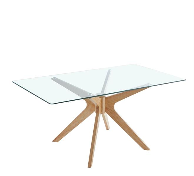 Tavolo da sala con top in vetro e gambe in legno incrociate