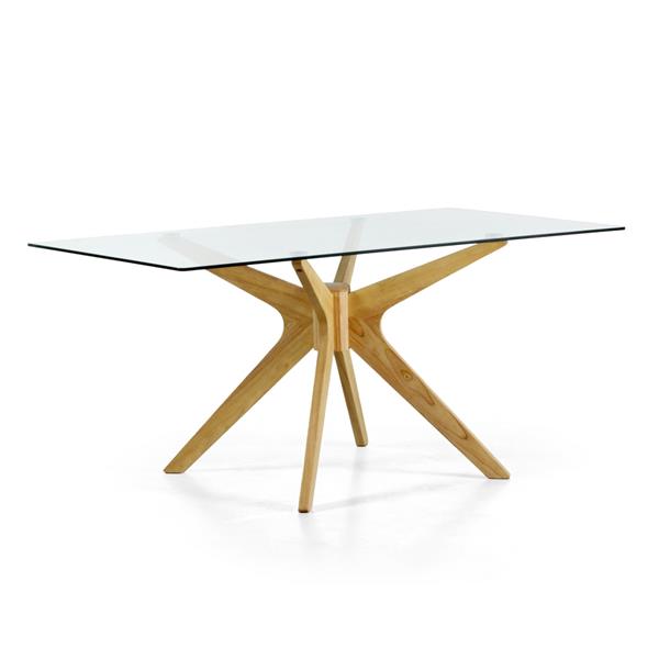 Tavolo da sala con top in vetro e gambe in legno incrociate - Candice