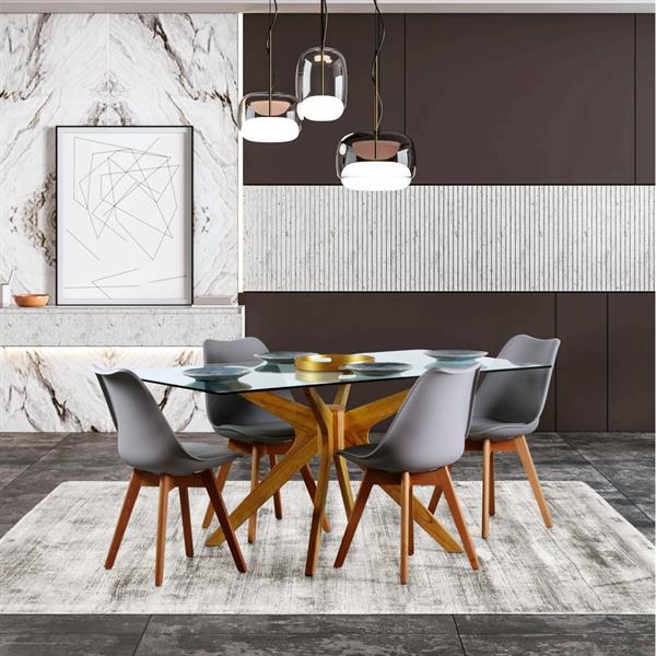 Tavolo da sala con top in vetro e gambe in legno incrociate - Candice