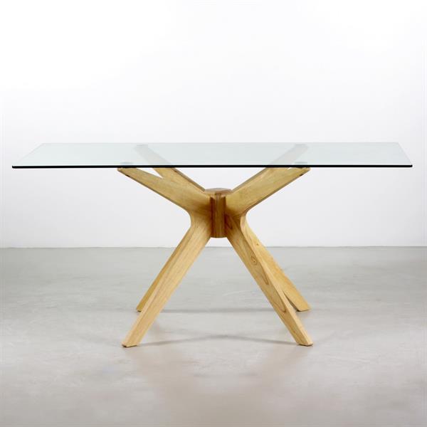 Tavolo da sala con top in vetro e gambe in legno incrociate - Candice
