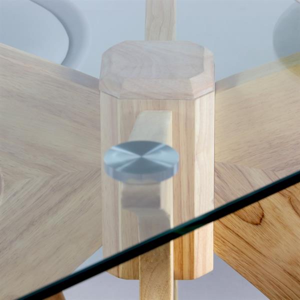 Tavolo da sala con top in vetro e gambe in legno incrociate - Candice