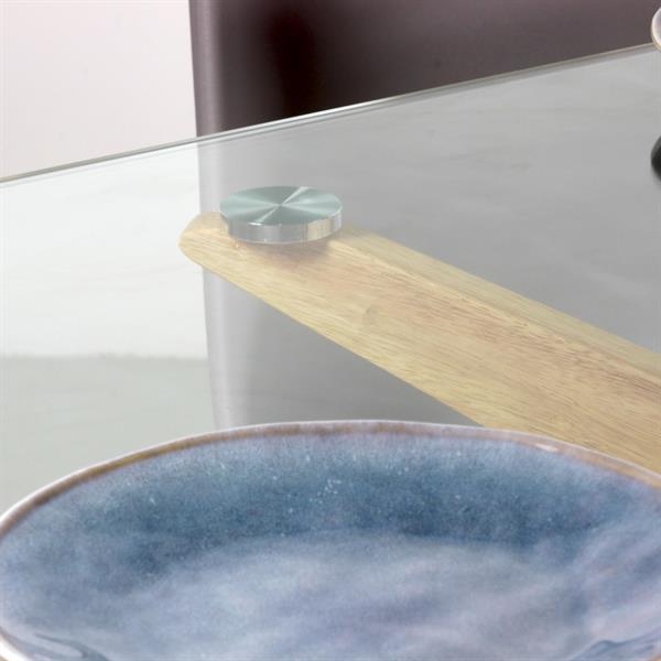Tavolo da sala con top in vetro e gambe in legno incrociate - Candice