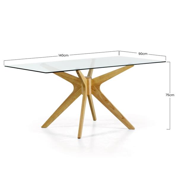 Tavolo da sala con top in vetro e gambe in legno incrociate - Candice