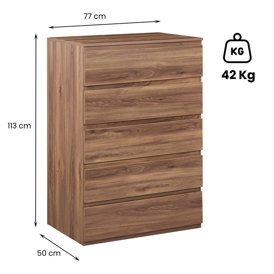 Cassettiera 5 cassetti in legno 53x91h cm Noce