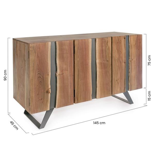 Credenza in legno massello 3 ante con rifiniture in metallo verticali 145 cm Achille