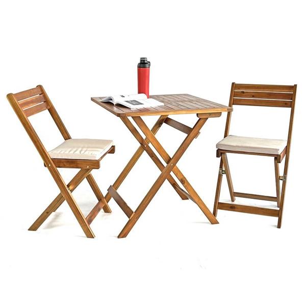 Set tavolino e sedie da giardino pieghevoli in legno con cuscini Genova