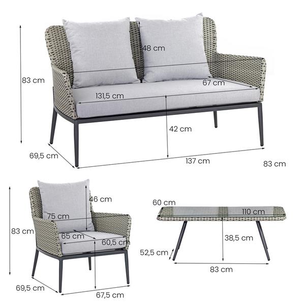 Set divano, poltrone e tavolino da giardino in alluminio e rattan pe Luxury
