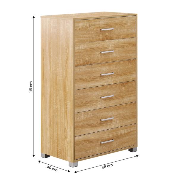 Cassettiera in legno 6 cassetti rovere chiaro 68X40X115 cm - Nancy