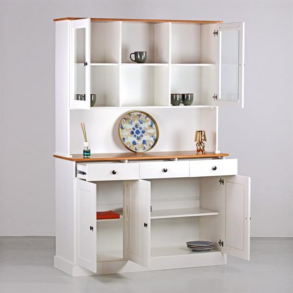 Credenza con vetrinetta 5 ante e 3 cassetti 128x197 cm in legno bianco e noce