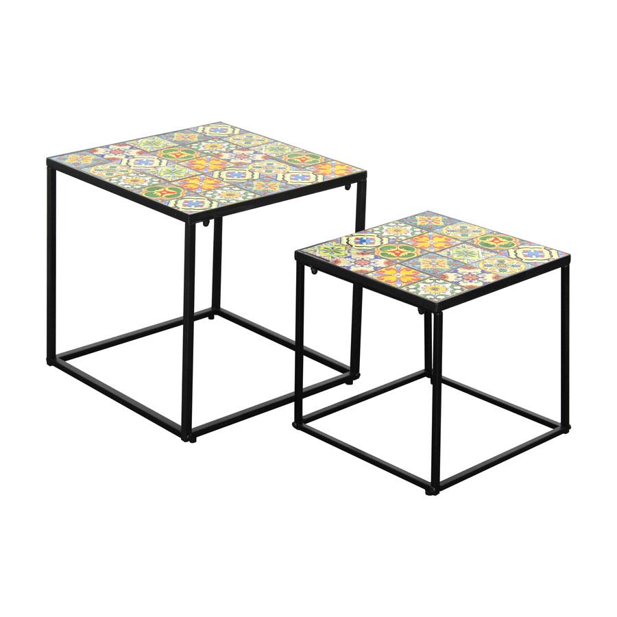 Set 2 tavolini da caffè con ripiano in ceramica e struttura in metallo
