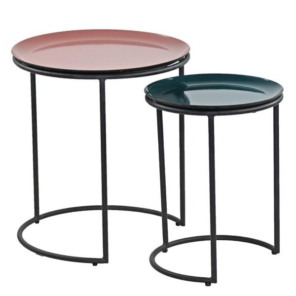 Set tavolino da caffè tondo rosa e verdone in metallo 40x45 e 30x40 cm