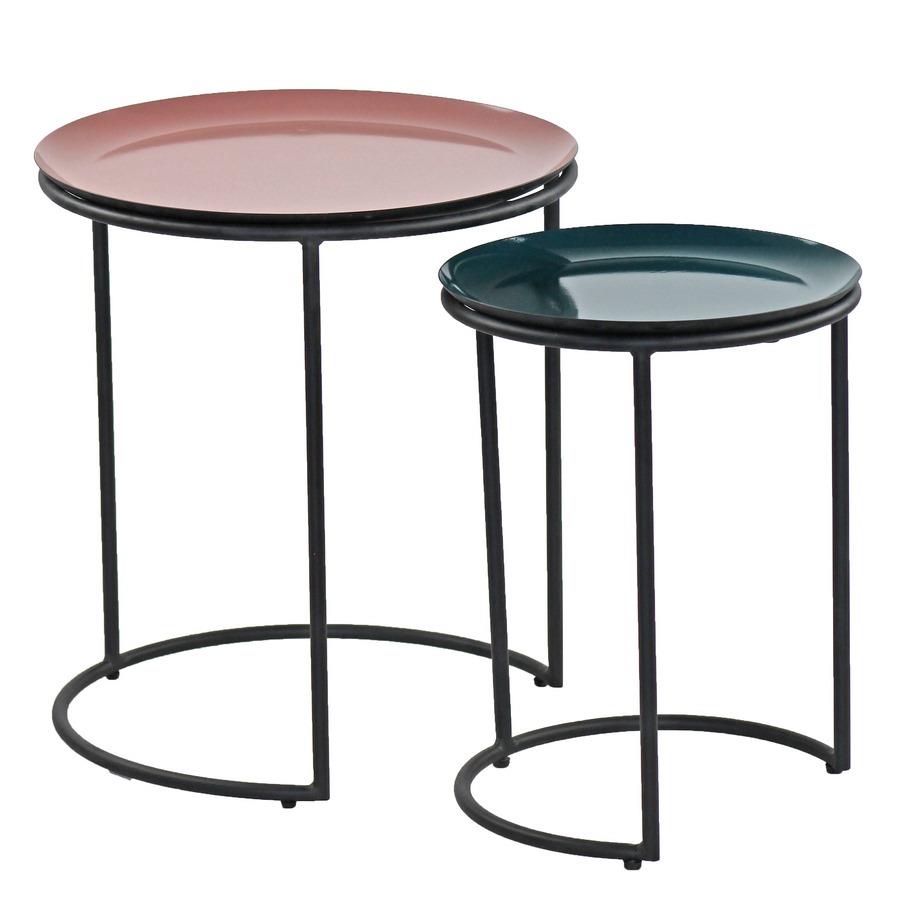 Set tavolino da caffè tondo rosa e verdone in metallo 40x45 e 30x40 cm