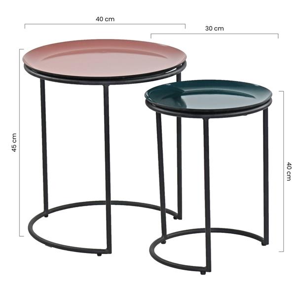 Set tavolino da caffè tondo rosa e verdone in metallo 40x45 e 30x40 cm
