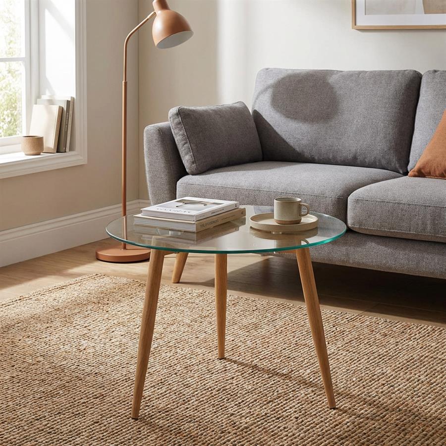 Tavolino rotondo in vetro con gambe metallo color legno 60x44 cm