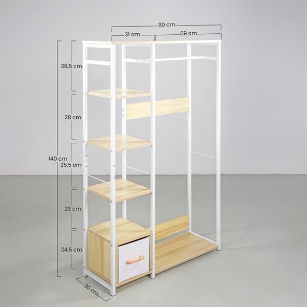 Scaffale guardaroba bianco con ripiani in legno 140x90 cm