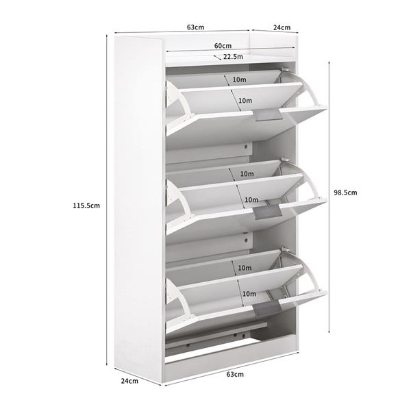 Scarpiera 3 ante maniglie in alluminio 63x115 cm bianco opaco