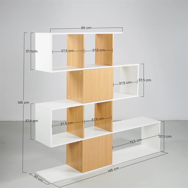 Libreria zig zag 4 ripiani in legno bianco e naturale 145x145 cm