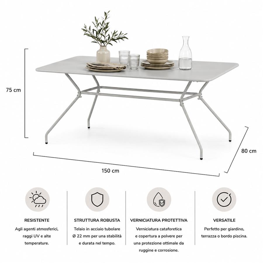 Tavolo da giardino 150x80 cm in metallo grigio - Cara