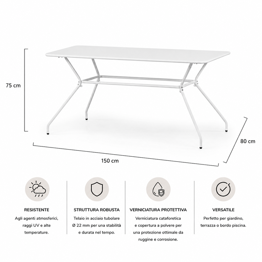 Tavolo da giardino 150x80 cm in metallo bianco - Cara