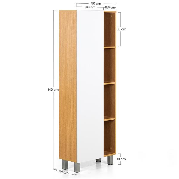 Mobile colonna da bagno 1 anta e 4 vani rovere chiaro e bianco 50x140 cm