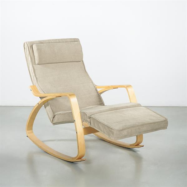 Sedia a dondolo in tessuto beige con braccioli in legno - Amor
