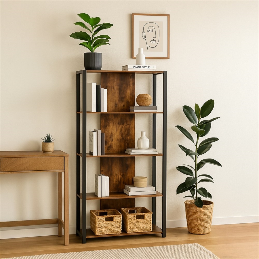 Libreria Industriale Ad Arco Tripla, 5 Ripiani E 3 Armadi, In Legno Rustico E Metallo Nero, Dimensioni 181x25x210 Cm, Per Soggiorno E Camera Da Letto - 4