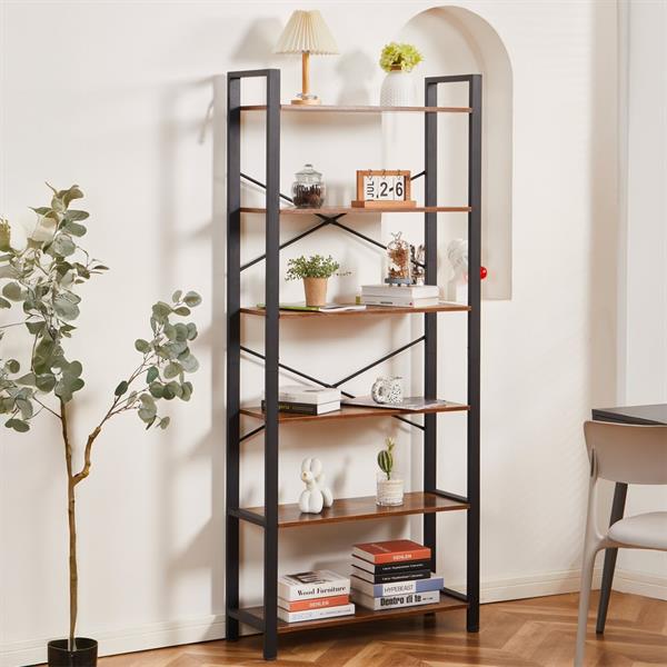 Libreria industrial con 6 ripiani in legno e metallo