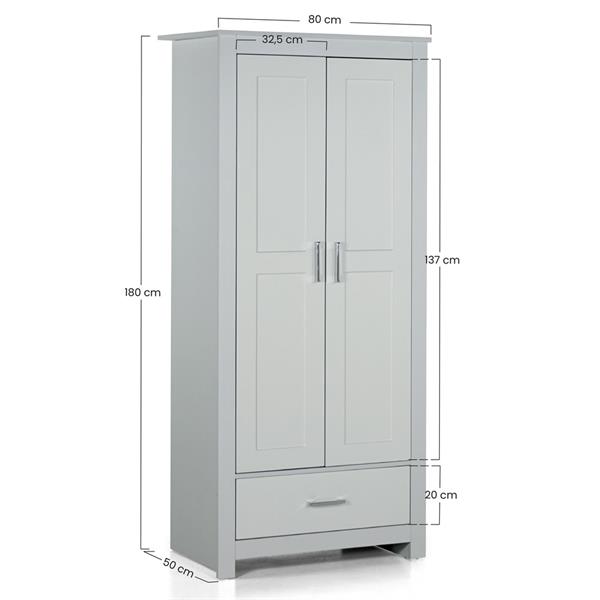 Armadio in legno grigio 2 ante e 1 cassetto 80x180x50 cm - Ginevra