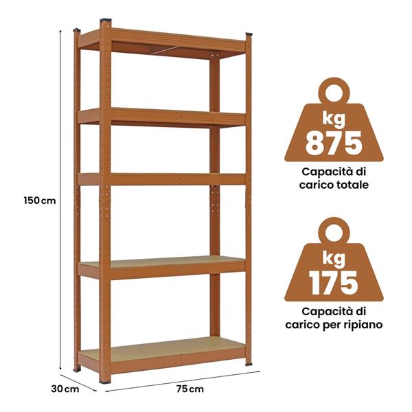 Scaffali metallici 150x75x30 cm mattone 5 ripiani