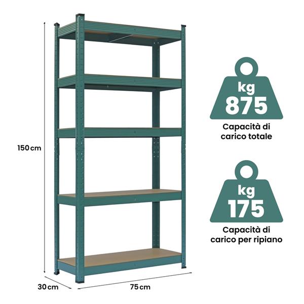 Coppia di scaffali metallici verdi  150x75x30 cm