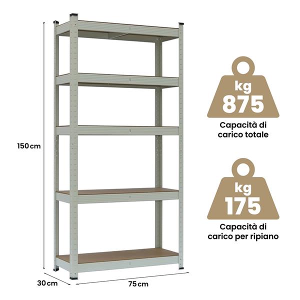 Set da 2 scaffali metallici 150x75x30 cm, color avorio