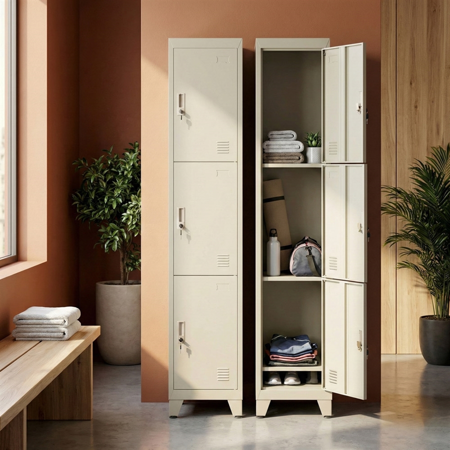 Armadietto Da Spogliatoio In Metallo 3 Ante, Ideale Per Palestra, Piscina E Uffici, Con Serratura Individuale E Ventilazione